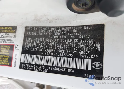 2013 Toyota Camry Xle z USA, uszkodzony, nr VIN 4T4BF1FK1DR327495